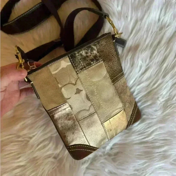 Coach F40970 Gold Metallic Leather Suede Signature Patchwork Crossbody Bag - Picture 12 of 13